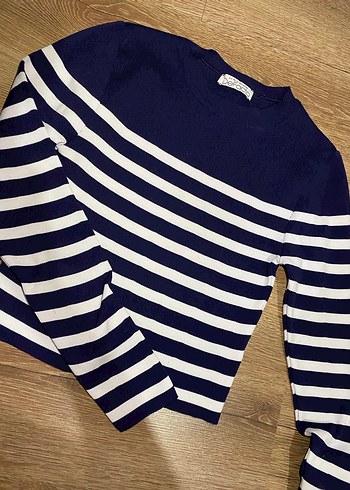 Lacivert Beyaz Çizgili Pamuklu Kadın Kazak - Görsel 2