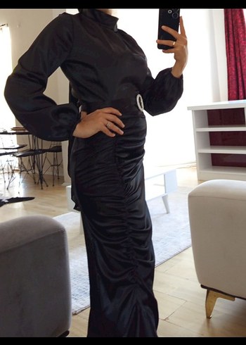 Uzun Siyah Kadın Abiye Elbise - Görsel 5