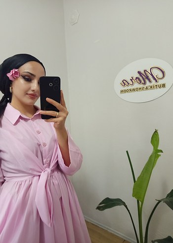 Pembe Kendinden kuşaklı Uzun Kadın Elbise - Görsel 6