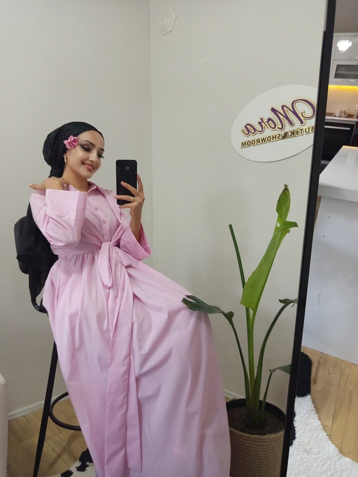 Pembe Kendinden kuşaklı Uzun Kadın Elbise - Görsel 2