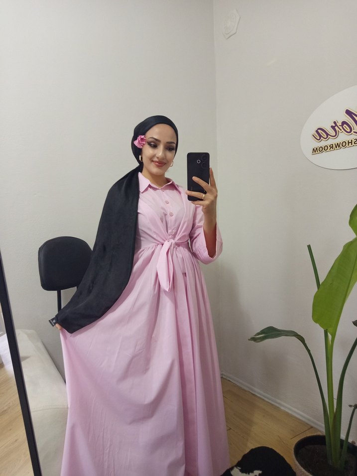 Pembe Kendinden kuşaklı Uzun Kadın Elbise - Görsel 5