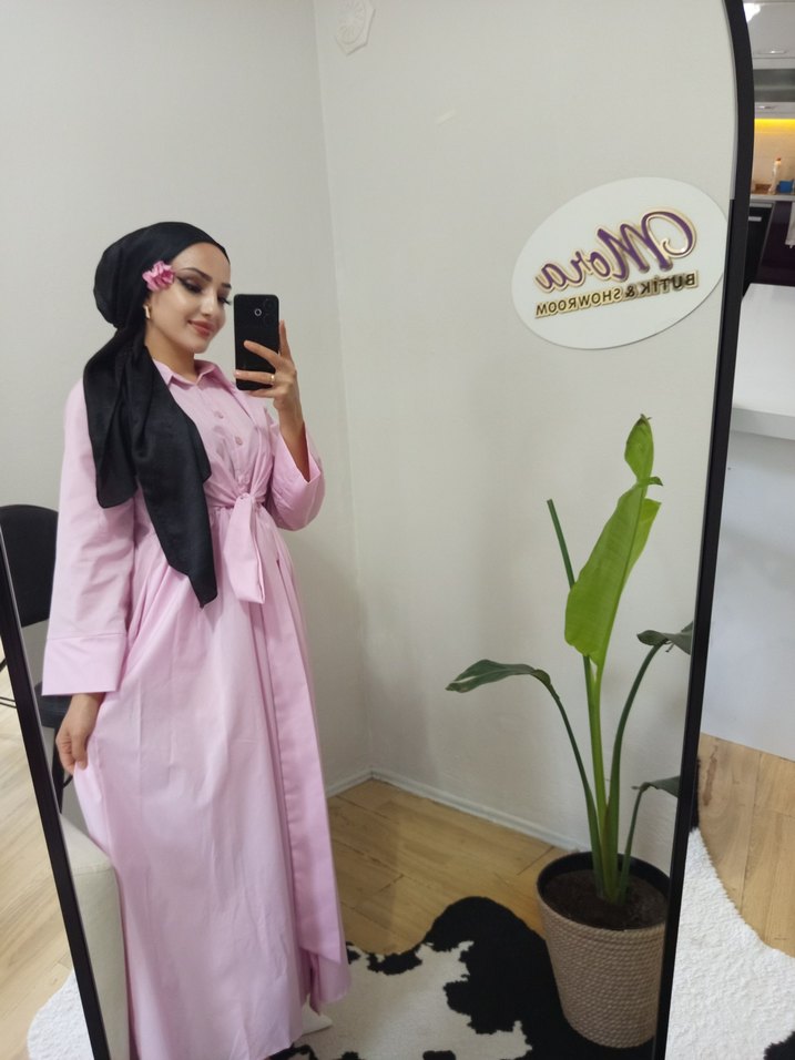 Pembe Kendinden kuşaklı Uzun Kadın Elbise - Görsel 4