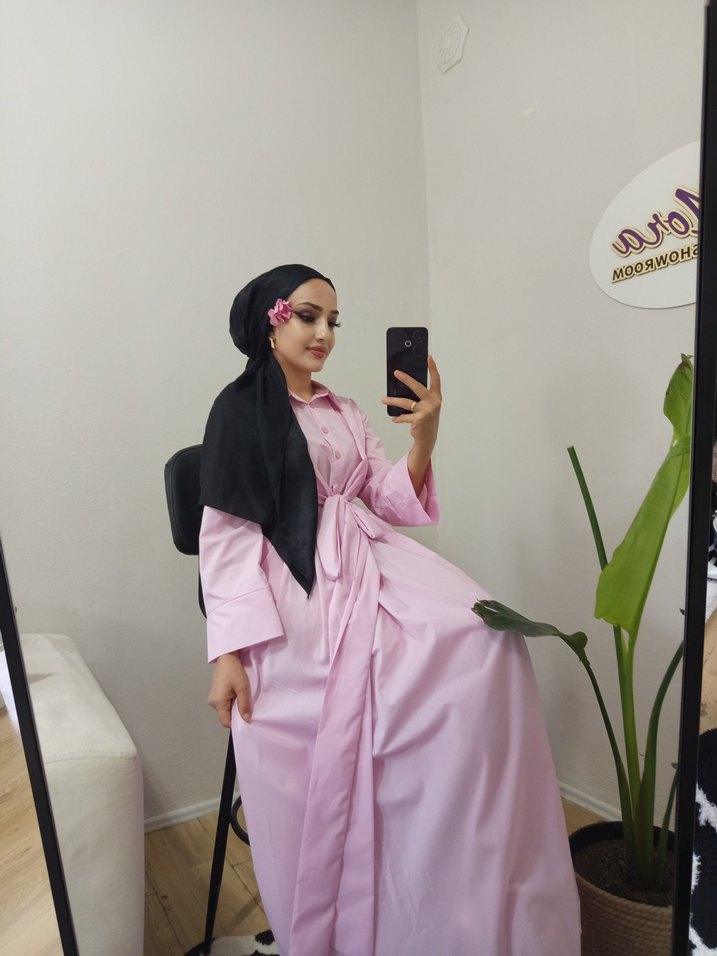 Pembe Kendinden kuşaklı Uzun Kadın Elbise - Görsel 3