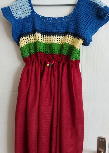 Renkli Bohem Örgü Mini Elbise - Görsel 3