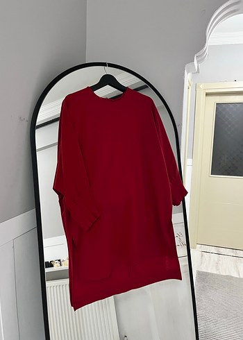 Kadın Kırmızı Uzun Kollu Midi Tunik Takım - Görsel 2