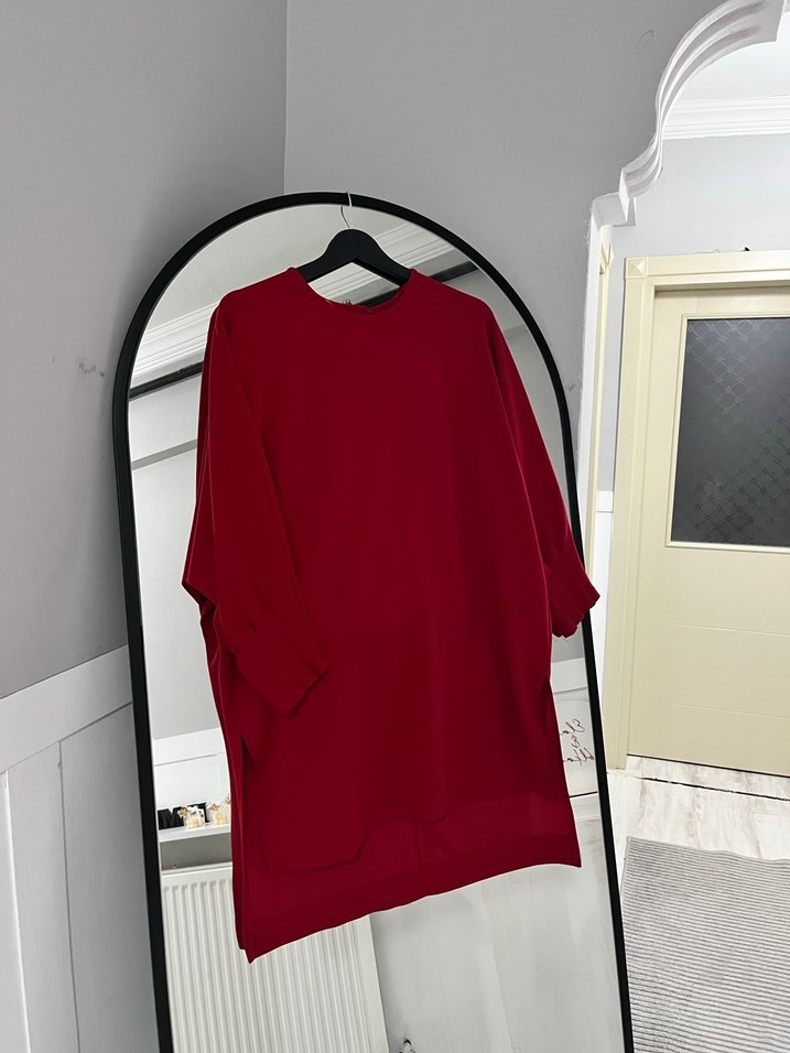 Kadın Kırmızı Uzun Kollu Midi Tunik Takım - Görsel 2