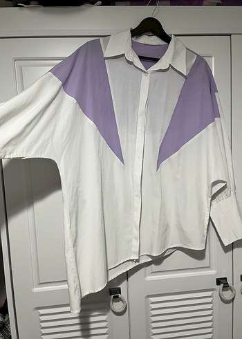 Mor Detaylı Uzun Kollu Salaş Kadın Gömlek - Görsel 3