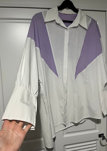 Mor Detaylı Uzun Kollu Salaş Kadın Gömlek - Görsel 2