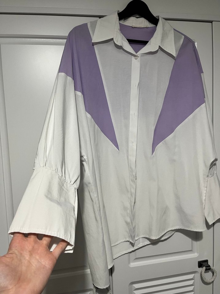 Mor Detaylı Uzun Kollu Salaş Kadın Gömlek - Görsel 2