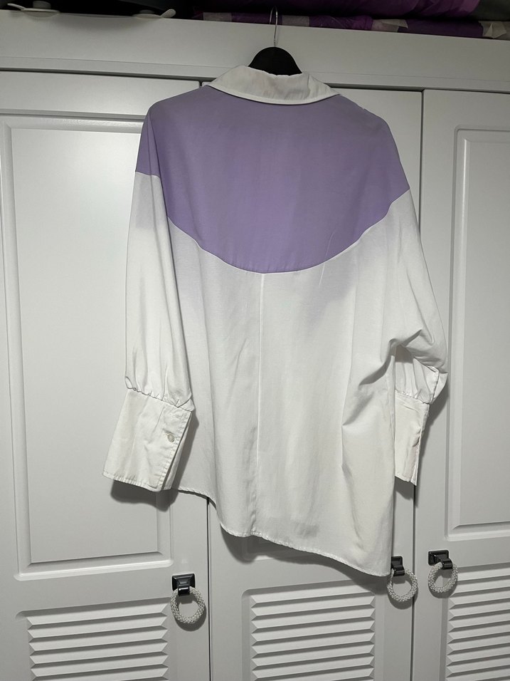 Mor Detaylı Uzun Kollu Salaş Kadın Gömlek - Görsel 4