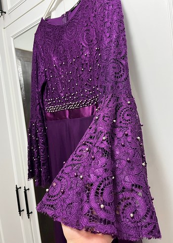 Uzun Kollu Mor Dantel Abiye Elbise - Görsel 4