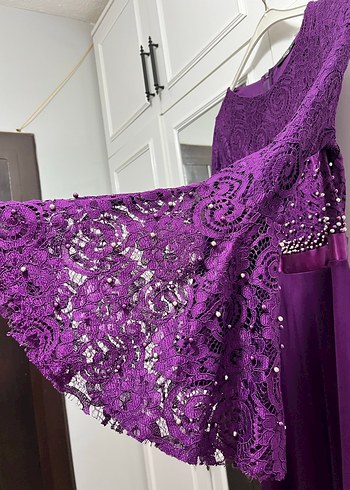 Uzun Kollu Mor Dantel Abiye Elbise - Görsel 6
