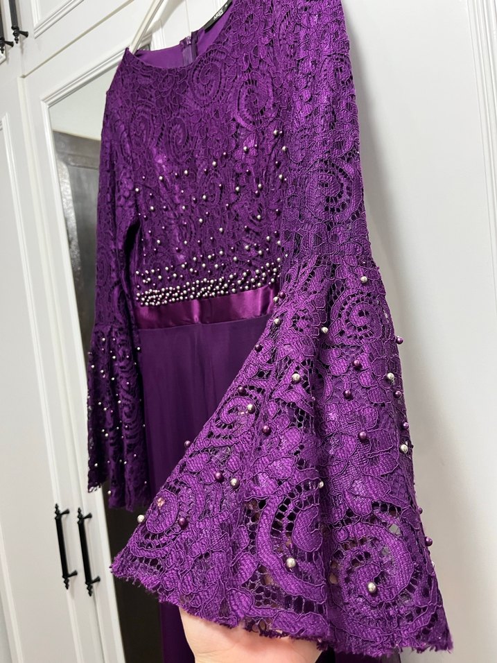 Uzun Kollu Mor Dantel Abiye Elbise - Görsel 4