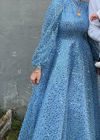 Mavi Uzun Kollu Pileli Nişan Elbisesi - Görsel 2