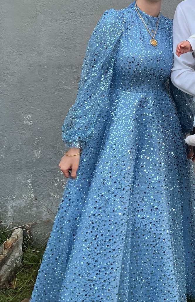 Mavi Uzun Kollu Pileli Nişan Elbisesi - Görsel 2