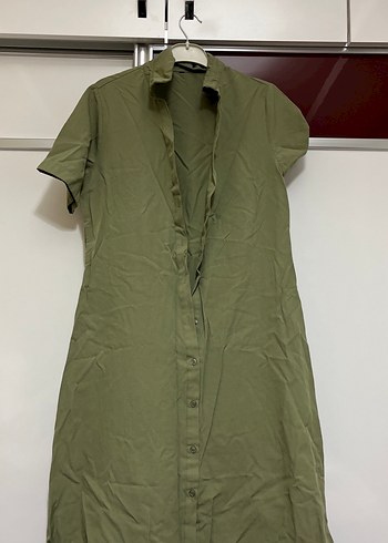 Düğmeli Kısa Kollu Haki Midi Elbise - Görsel 2