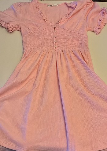 m Beden Pull&Bear Marka Pembe Midi Elbise, Fırfırlı, V Yaka