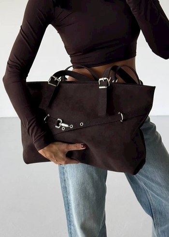 Kahverengi Süet Kemer Detaylı Kadın Çanta - Görsel 4