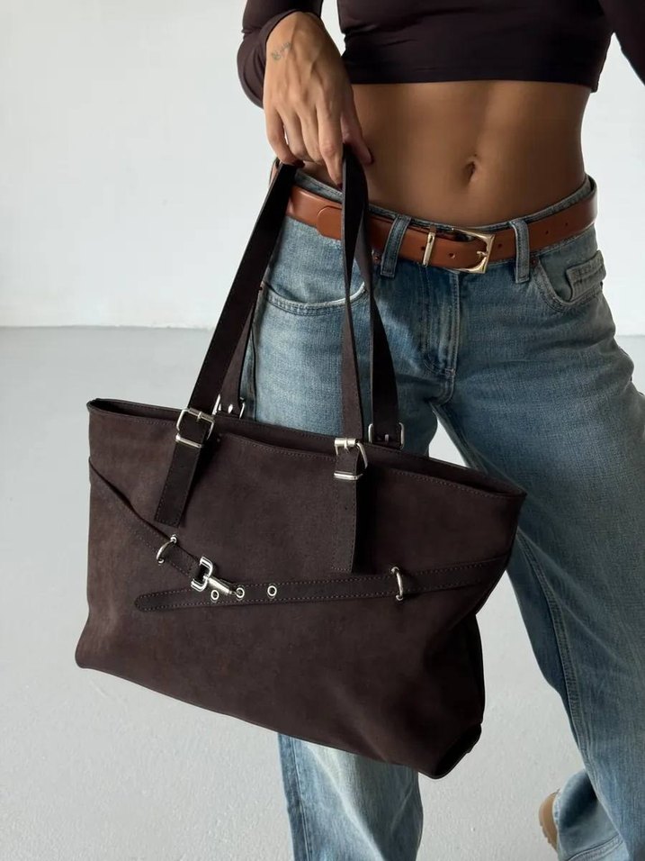 Kahverengi Süet Kemer Detaylı Kadın Çanta - Görsel 3