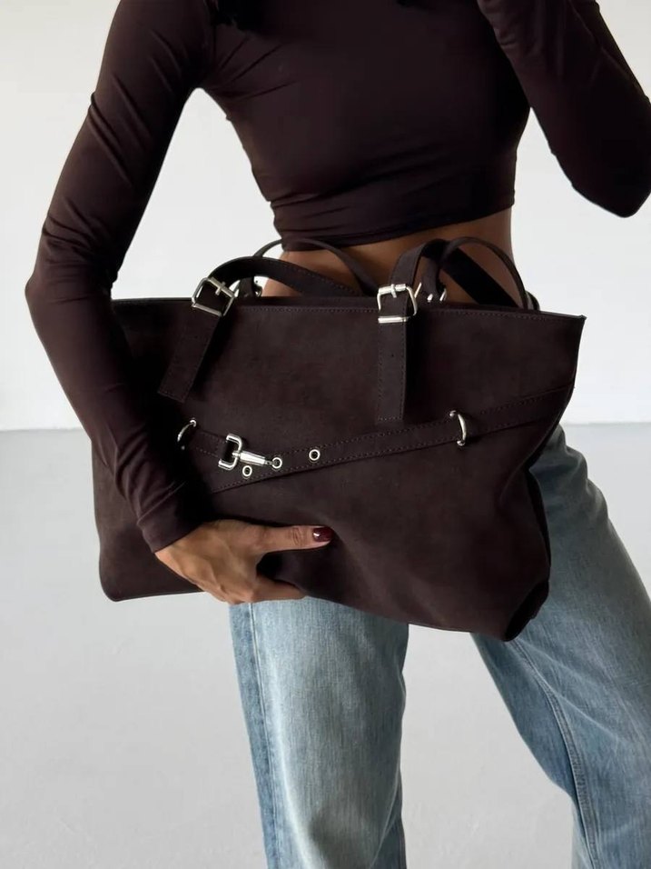 Kahverengi Süet Kemer Detaylı Kadın Çanta - Görsel 4