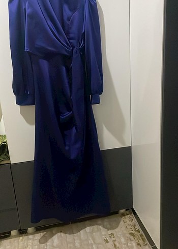 Lacivert Uzun Drapeli Kadın Elbise - Görsel 2