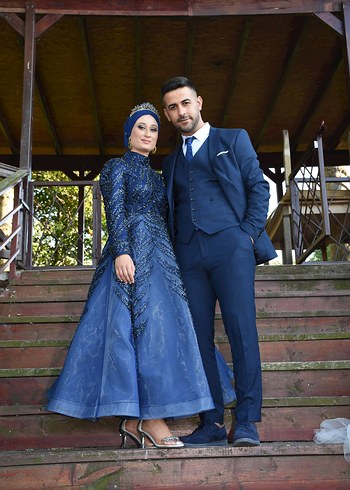 Abiye Uzun Kollu Drapeli Lacivert Nişan Elbisesi