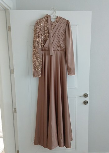 Bej İşlemeli Uzun Abiye Elbise - Görsel 2