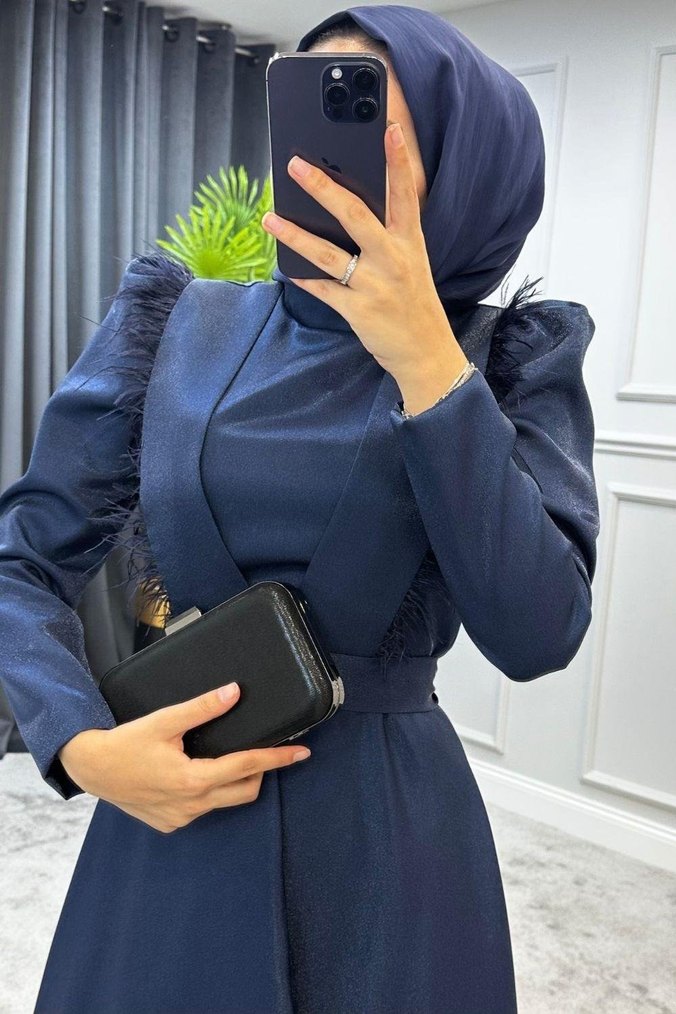 Lacivert Uzun Kadın Abiye Elbise - Görsel 2