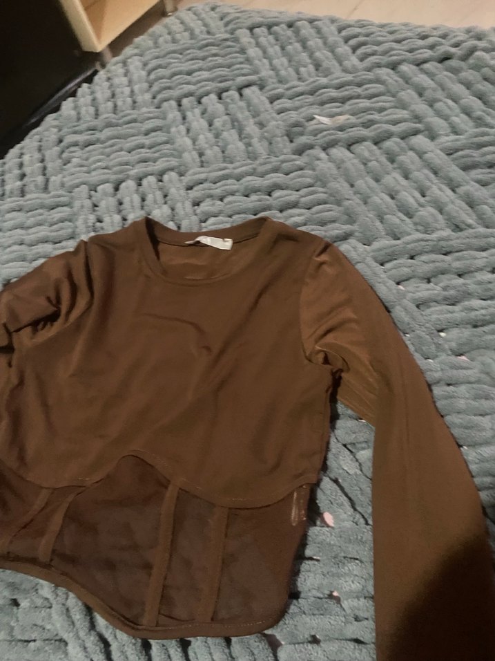 Kahverengi Uzun Kollu Kadın Bluz - Görsel 2