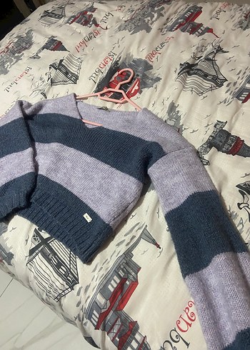 Mor  V Yaka Örgü Kadın Kazak - Görsel 3