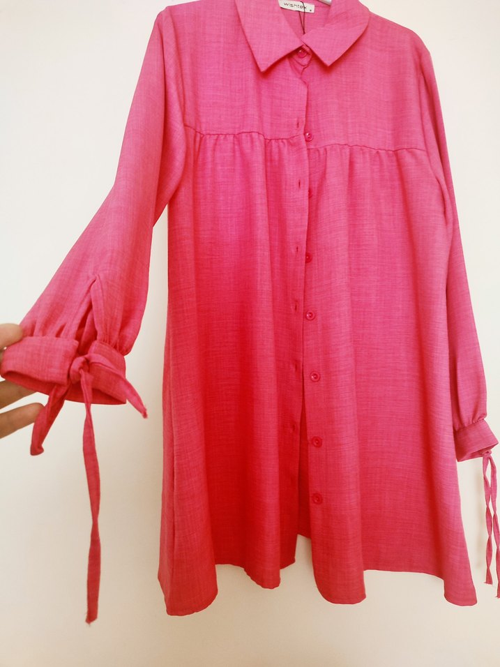 Düğmeli Pembe Keten tunik - Görsel 3
