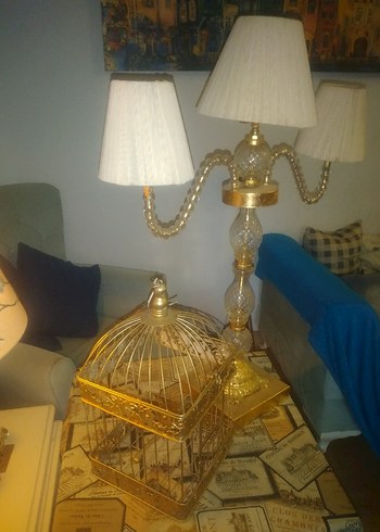 Altın Renkli Üç Kollu Abajur ve kafes vintage ürün - Görsel 5