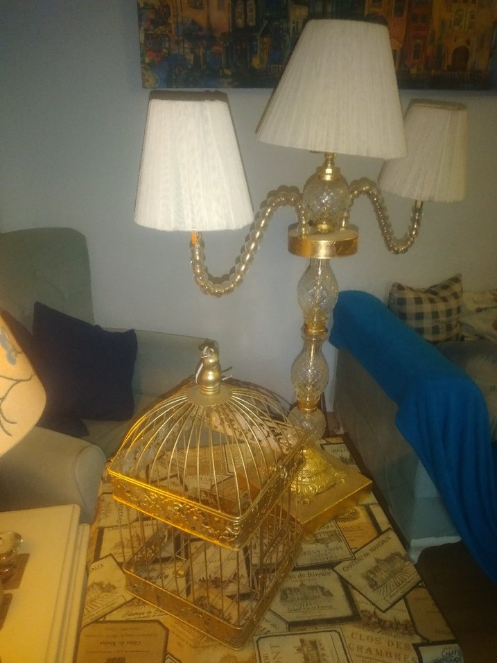 Altın Renkli Üç Kollu Abajur ve kafes vintage ürün - Görsel 5