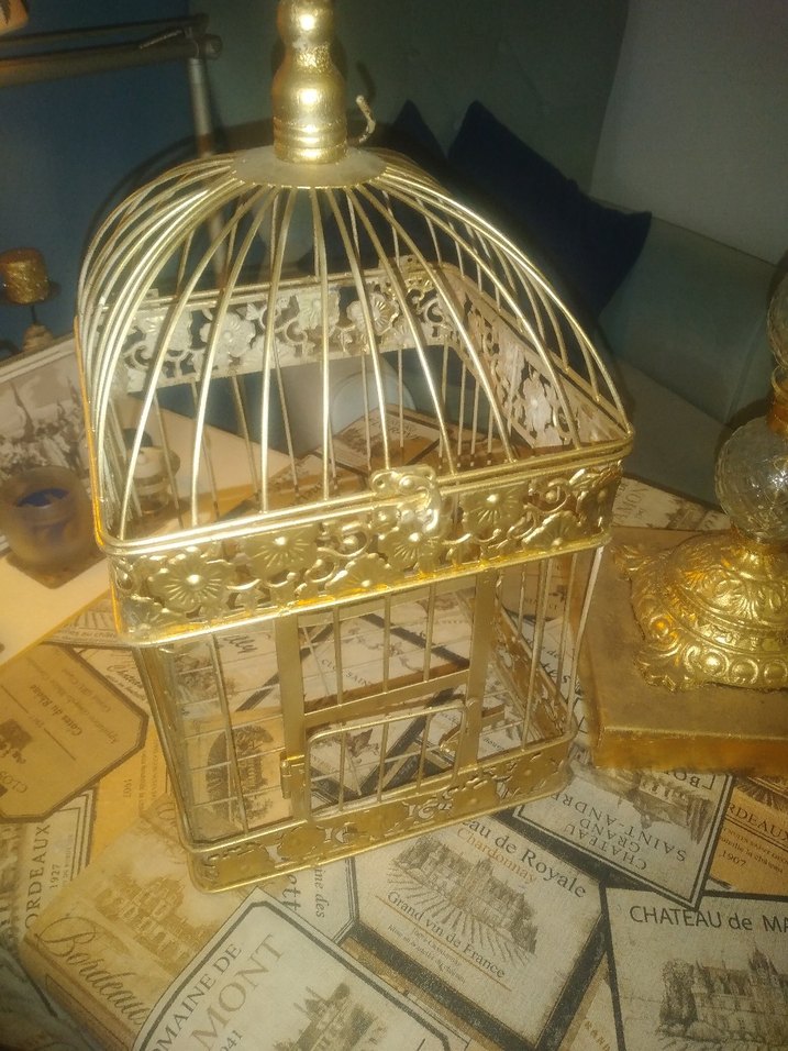 Altın Renkli Üç Kollu Abajur ve kafes vintage ürün - Görsel 4
