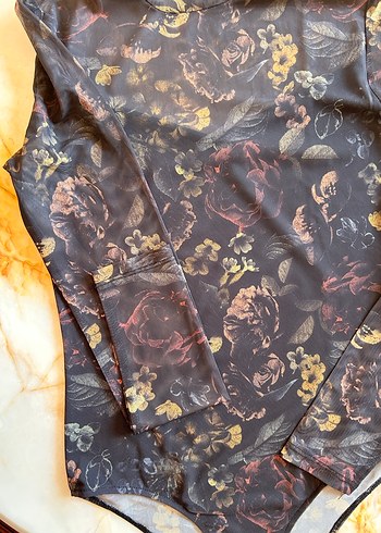 Transparan Lacivert Baskılı Boğazlı Bluz Body - Görsel 2