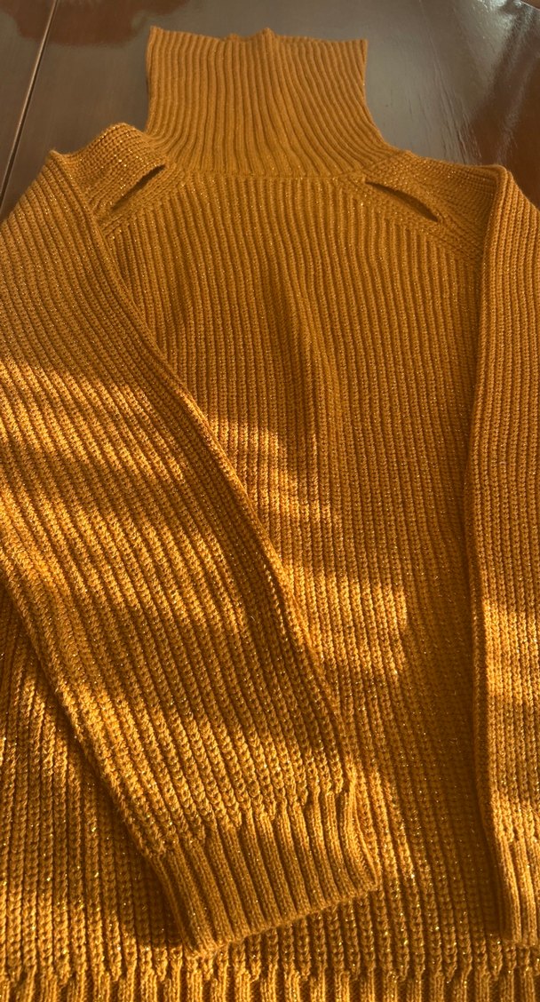 Hardal sarı simli  Kadın Boğazlı Triko Kazak - Görsel 3