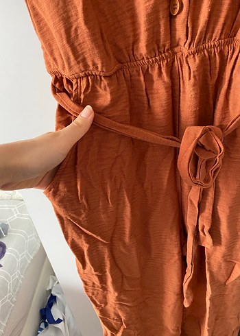 Kahverengi Keten Kemerli Kadın Tulum - Görsel 2
