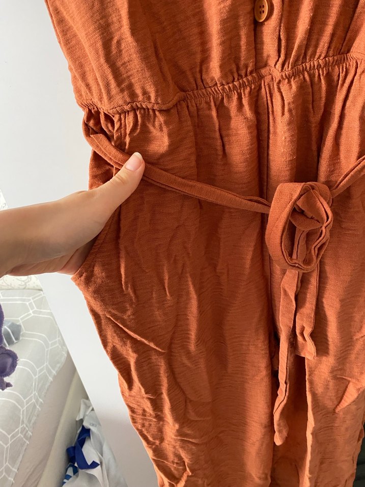 Kahverengi Keten Kemerli Kadın Tulum - Görsel 2