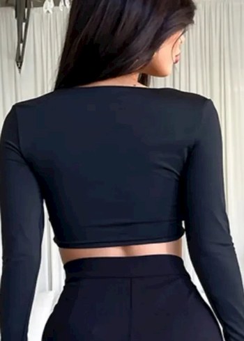 Siyah V Yaka Uzun Kollu Mini Bluz