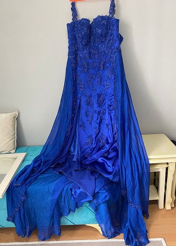 Drapeli Straplez Mavi Uzun Abiye Elbise - Görsel 2