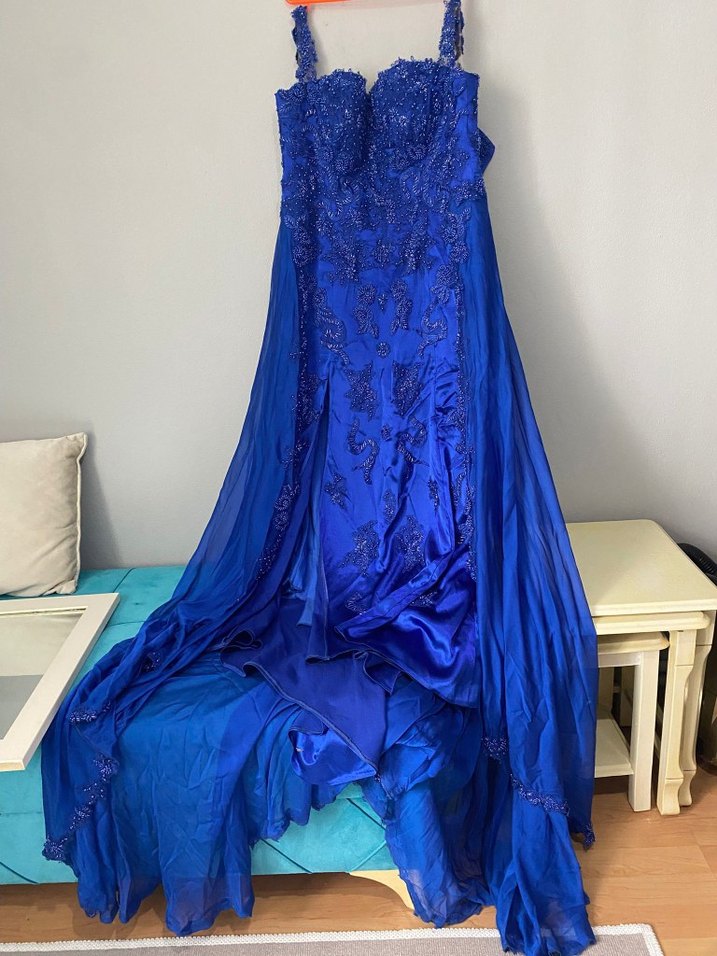 Drapeli Straplez Mavi Uzun Abiye Elbise - Görsel 2