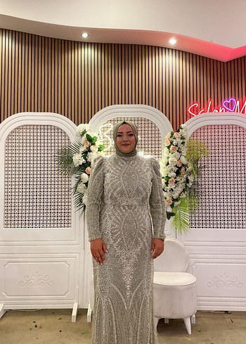 46 Beden Uzun mint yeşili Tesettür Abiye Elbise