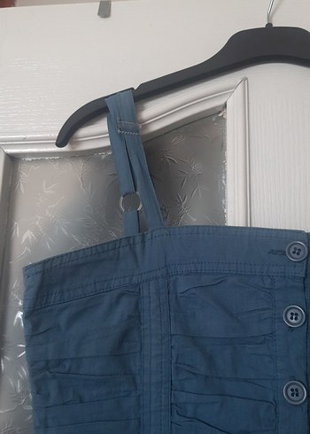 42 Beden Düğmeli Mavi Keten Elbise