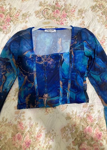 Uzun Kollu Mavi Drapeli Kadın Bluz - Görsel 3