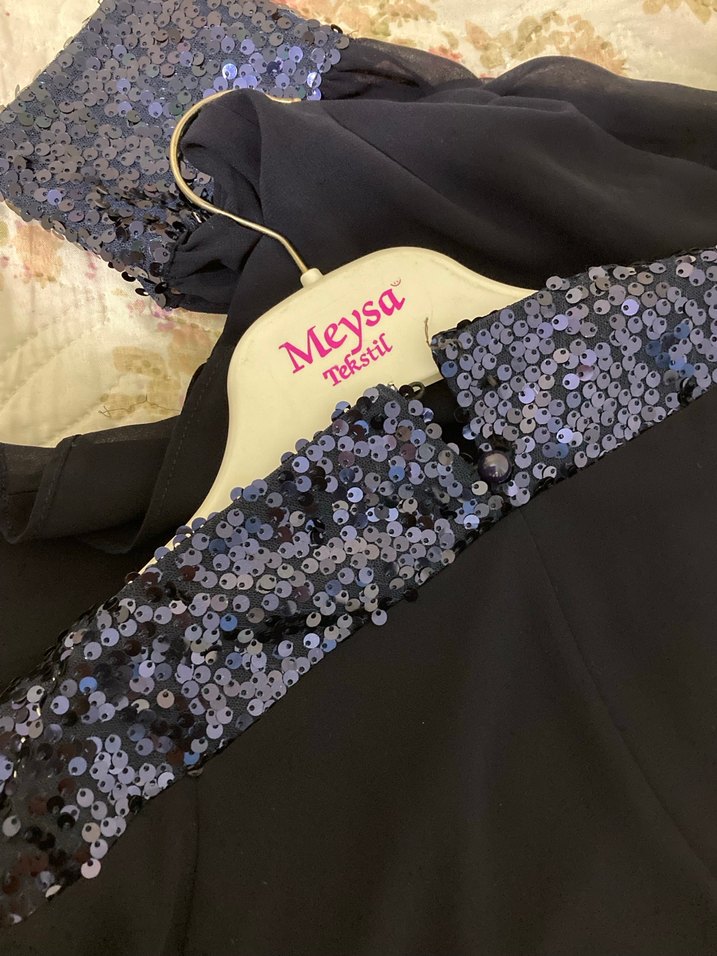 Uzun Kollu Mavi Gotik Abiye Elbise - Görsel 4