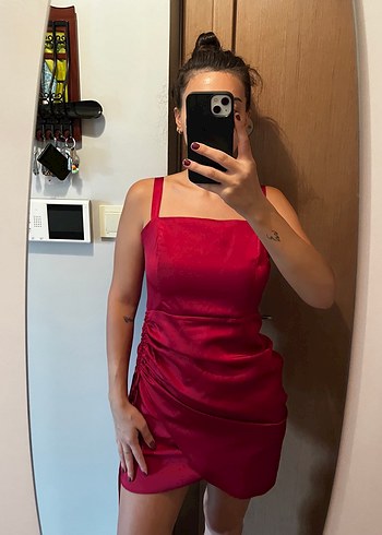 s Beden Bordo Saten Mini Elbise