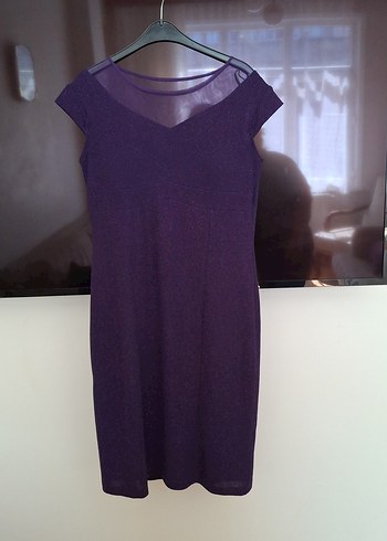 Parlak Mor V-Yaka Midi Kadın Elbise - Görsel 2