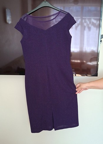 Parlak Mor V-Yaka Midi Kadın Elbise - Görsel 4