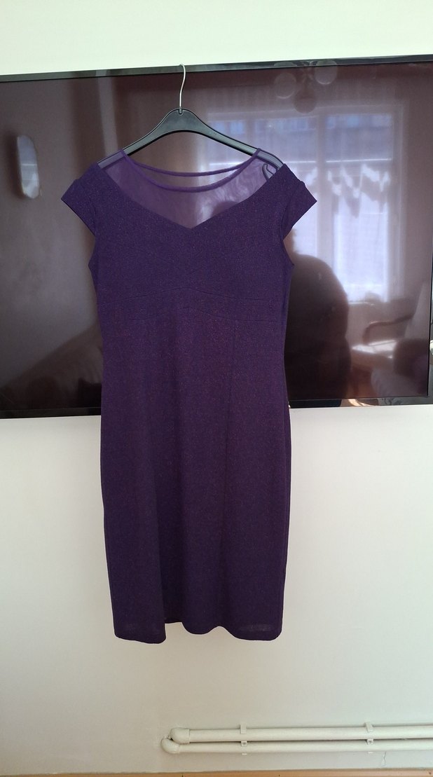 Parlak Mor V-Yaka Midi Kadın Elbise - Görsel 2