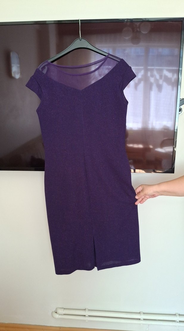 Parlak Mor V-Yaka Midi Kadın Elbise - Görsel 4